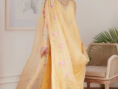 Luna Eid 24 - Cyrilla Pale Yellow Embroidered Raw Silk Shirt With Draped Dupatta For Discount